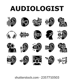 audiologist doctor ear deaf icons set vector. aid health, otolaryngologist test, adult woman, patient technology, hear audiologist doctor ear deaf glyph pictogram Illustrations