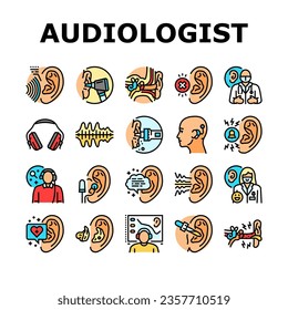 audiologist doctor ear deaf icons set vector. aid health, otolaryngologist test, adult woman, patient technology, hear audiologist doctor ear deaf color line illustrations