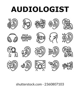 audiologist doctor ear deaf icons set vector. aid health, otolaryngologist test, adult woman, patient technology, hear audiologist doctor ear deaf black contour illustrations