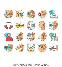 audiologist doctor ear deaf icons set vector. aid health, otolaryngologist test, adult woman, patient technology, hear audiologist doctor ear deaf color line illustrations