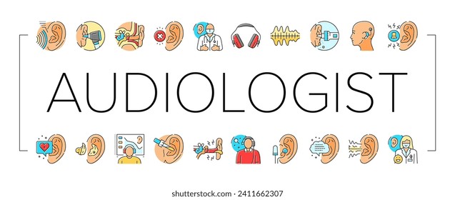 audiologist doctor ear deaf icons set vector. aid health, otolaryngologist test, adult woman, patient technology, hear audiologist doctor ear deaf color line illustrations