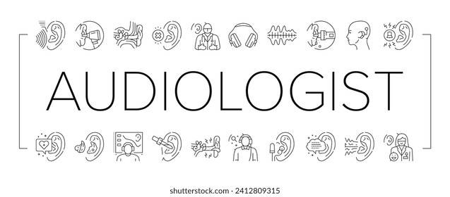 audiologist doctor ear deaf icons set vector. aid health, otolaryngologist test, adult woman, patient technology, hear audiologist doctor ear deaf black line illustrations