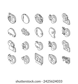 audiologist doctor ear deaf isometric icons set. aid health, otolaryngologist test, adult woman, patient technology, hear audiologist doctor ear deaf color line