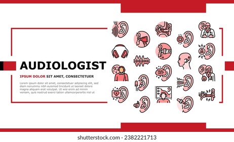 audiologist doctor ear deaf landing web page vector. aid health, otolaryngologist test, adult woman, patient technology, hear audiologist doctor ear deaf Illustration