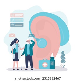 Audiologist ENT-doctor consultate old pensioner man patient. Deaf-aid, aerophone, otitic hearing aid. Eardrum treatment. ORL clinic. Medical hospital diagnostics. Otolaryngology exam. flat vector