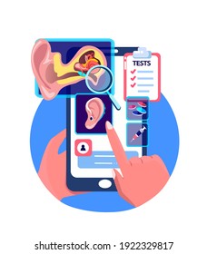 Audiologist Online ENT-Diagnostics.Otitis Inflammation,Ear Pain.Touchscreen Mobile Application.Smartphone Ear Consultation.Digital Treatment. ORL Clinic. Internet Diagnostics. Flat Vector Illustration