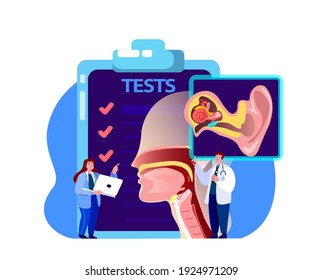 Audiologist Professor Scientists ENT-Doctor Examine Tests,Analysis,Ear,Nose,Throat.Tonsilis,Otitis,Larynx,Sinusitis.Research Trial.Clinical Investigation.Medical Council Diagnostic.Vector Illustration