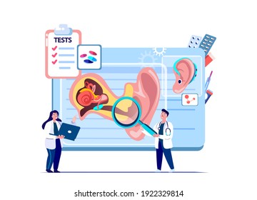 Audiologist Professors Scientists ENT-Doctors Examine Ear Anatomy Structure.Inflammation,Ear Pain.Otitis Digital Treatment.Research,Clinical Investigation. ORL Clinic. Medical Diagnostics Illustration