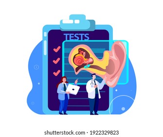 Audiologist Professors Scientists ENT-Doctors Examine Tests,Analysis,Ear Anatomy Structure.Otitis Inflammation,Ear Pain.Research , Clinical Investigation.Medical Council Diagnostic.Vector Illustration