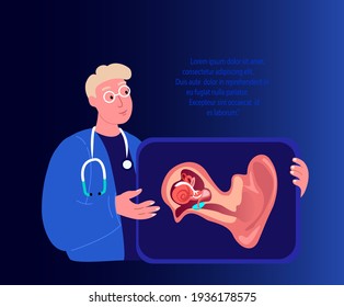 Audiologist Professors Scientists ENT-Doctors Examine Ear Anatomy Structure.Inflammation,Ear Pain.Otitis Digital Treatment.Research,Clinical Investigation. ORL Clinic. Medical Diagnostics Illustration