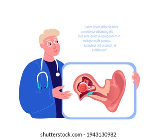 Audiologist Professors Scientists ENT-Doctors Examine Ear Anatomy Structure.Inflammation,Ear Pain.Otitis Digital Treatment.Research,Clinical Investigation. ORL Clinic. Medical Diagnostics Illustration