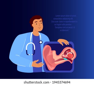 Audiologist Professors Scientists ENT-Doctors Examine Ear Anatomy Structure.Inflammation,Ear Pain.Otitis Digital Treatment.Research,Clinical Investigation. ORL Clinic. Medical Diagnostics Illustration