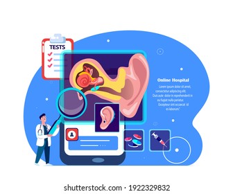 Audiologist,ENT-Doctor Scientist Examine Ear Anatomy Structure.Otitis Inflammation.Ear Pain Digital Treatment.Online Smartphone Consultation.Medical Internet Diagnostics.ORL Clinic.Vector Illustration