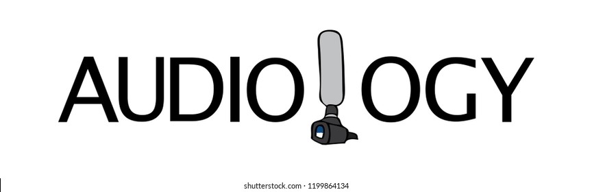 audiology word with hand illustrated upside down otoscope for the letter L in long banner format