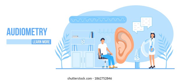 Audiometry by otolaryngologist vector web template for landing page, header. Tiny doctors treat and examine patient ear. Otolaryngology health care concept. Rally, seminar, various deaf awareness