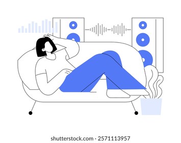 Audiophile room isolated cartoon vector illustrations. Beautiful audiophile girl listening to music with sound system at home, indoors entertainment time, sound enthusiastic vector cartoon.