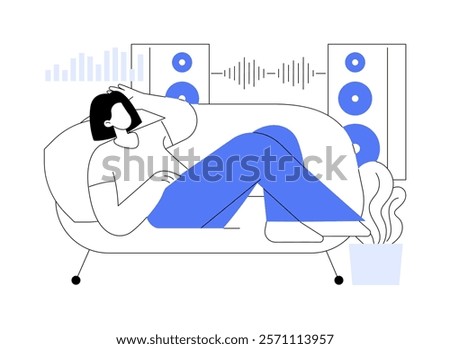 Audiophile room isolated cartoon vector illustrations. Beautiful audiophile girl listening to music with sound system at home, indoors entertainment time, sound enthusiastic vector cartoon.