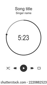 Audioplayer interface with round loading bar, timer, shuffle, rewind, fast forward, play and repeat buttons. Music player playback layout. Song, podcast, stream, radio listening. Vector illustration