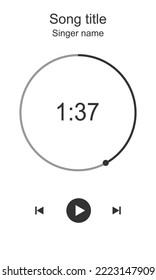 Audioplayer interface with round loading bar, timer, rewind, play and fast forward buttons. Music player playback layout. Song, podcast, stream, radio listening graphic element. Vector illustration