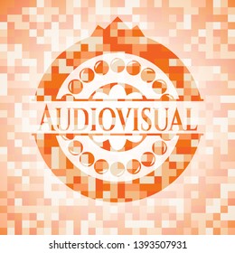 Audiovisual orange tile background illustration. Square geometric mosaic seamless pattern with emblem inside.