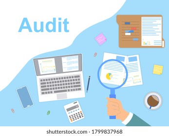 Audit and analysis concept with hand holding magnifying glass above an office workspace with laptop and reports, colored vector illustration