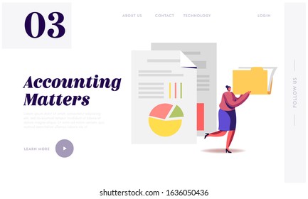 Audit Analysis Inspection Website Landing Page. Woman with Files Folder Analysing Accounting Data, Earnings Savings, Loan and Credit Spreadsheets Web Page Banner. Cartoon Flat Vector Illustration