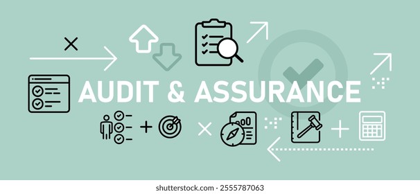 Audit and assurance assessment evaluation of organization company certification web header illustration concept with icon flat bright blue color