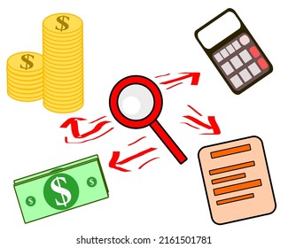 audit, auditing, accounting, bussiness analysis, financial management, company management. Illustration of auditing with magnifying glass,report ,money and arrow. flat design vector