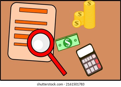 audit, auditing, accounting, bussiness analysis, financial management, company management. Illustration of auditing with magnifying glass,report ,money and arrow. flat design vector