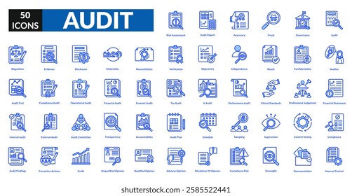 Audit blue icon collection set. Includes review, inspection, compliance, checklist, assessment, verification, examination, scrutiny, oversight, evaluation, certification, analysis, monitoring