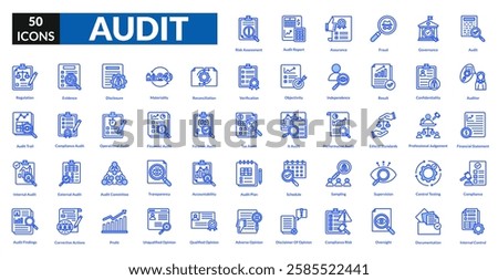 Audit blue icon collection set. Includes review, inspection, compliance, checklist, assessment, verification, examination, scrutiny, oversight, evaluation, certification, analysis, monitoring