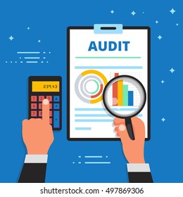 Ilustración vectorial de auditoría, contabilidad y análisis financiero. Banner en la web del servicio de finanzas y análisis de negocios, contabilidad o evaluación.
