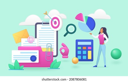 Auditoría de la cuenta comercial, proceso de gestión de documentos y administración. Pequeño auditor experto con informe de investigación financiera, plataforma de análisis e inspección jurídica de ilustración plana vectorial.