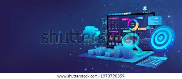Audit, Business analysis, financial management,
growth strategy and financial goal. Business development concept.
Web banner with laptop, 3D cloud, calculator and dashboard with
financial analysis.
