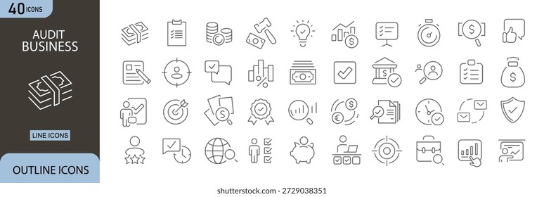 Conjunto de iconos de negocio de auditoría que representa revisión de auditoría, comprobación financiera, informes, control de riesgos, Aprobación y documentación. Iconos de esquema simples para uso corporativo, financiero y contable.