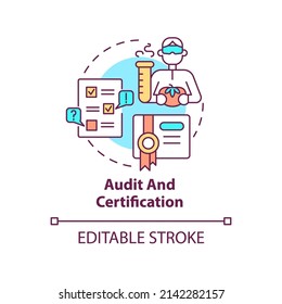 Audit and certification concept icon. Testing service abstract idea thin line illustration. Inspection and verification. Isolated outline drawing. Editable stroke. Arial, Myriad Pro-Bold fonts used