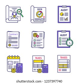 Audit color icons set. Taxes form, accounting, budgeting, auditor’s report, operational audit, contract, risks, financial statement, project inspection, annual report. Isolated vector illustrations