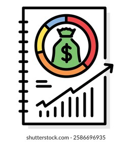 Audit color-filled round line vector icon with editable stroke, symbolizing financial review, analysis, and audit processes, featuring a booklet, money bag, doughnut chart, and uptrend line chart.