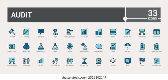 Audit colorful icons set. Audit and business color icon collection, line symbol for web and ui. Vector illustration. Icon names are written in English.