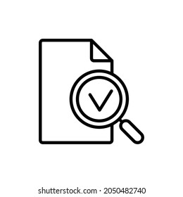 Audit completed thin line icon. Tax review. Data verification. Document with magnifying glass and check mark inside. Modern vector illustration. 