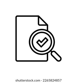 Audit completed thin line icon. Tax review. Data verification. Document with magnifier and check mark inside. Modern vector illustration. 