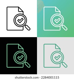 Audit abgeschlossen Thin-Line-Symbol. Steuerprüfung. Datenüberprüfung. Dokument mit Vergrößerung und Prüfzeichen im Inneren. Moderne Vektorgrafik. 