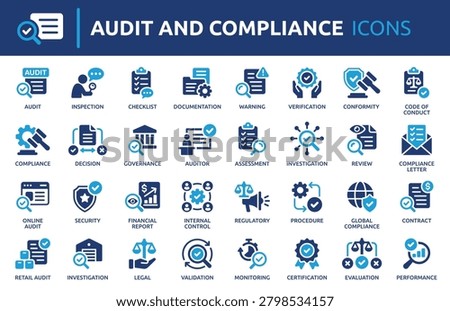 Audit and Compliance icon set, containing auditor, assessment, checklist, inspection, review and more. Vector icons collection.