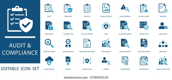 Conjunto de iconos de auditoría y cumplimiento con privacidad de datos, GDPR, seguridad cibernética e iconos de estándares regulatorios para uso empresarial y corporativo.