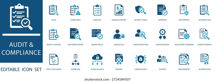 Conjunto de Ícones de Auditoria e Conformidade. ícones vetoriais para verificação de segurança, relatório financeiro, controle de qualidade, privacidade de dados, segurança cibernética e conceitos de padrões normativos.