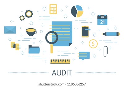 Audit concept. Business data research and analysis. Financial inspection and analytics. Set of colorful finance icons. Isolated flat vector illustration