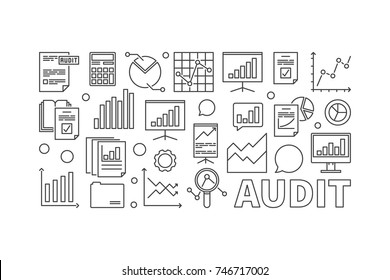 Audit concept business illustration. Vector financial audit horizontal linear banner on white background