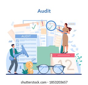 Audit concept. Business operation research and analysis. Professional financial management. Financial inspection and analytics. Isolated flat vector illustration