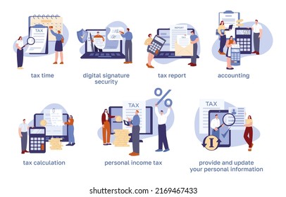 Audit concept. Declaration and accounting, applications or software for audits, account and investment. Tax administration and business revenue kicky vector scenes