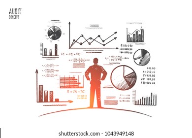 Conceito de auditoria. pessoa desenhada à mão perto da parede com gráficos e diagramas. Auditoria processo de negócios isolados ilustração vetorial.